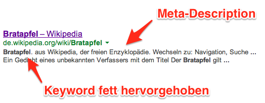 Meta Description der Webseite wird im Google Suchergebnis angezeigt